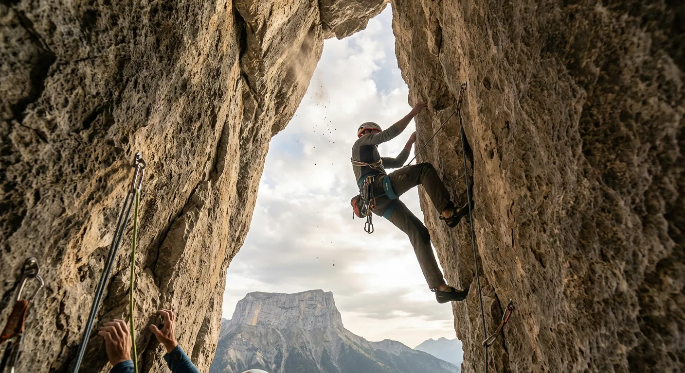 Grimpeur engagé dans une cheminée rocheuse sur la voie normale du Mont Aiguille