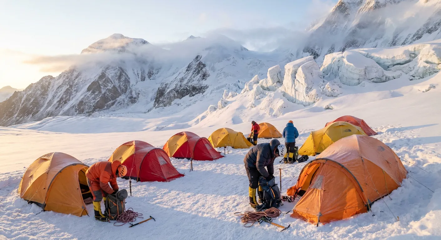Campement d'altitude avec des tentes colorées sur le glacier du Pic Lénine.