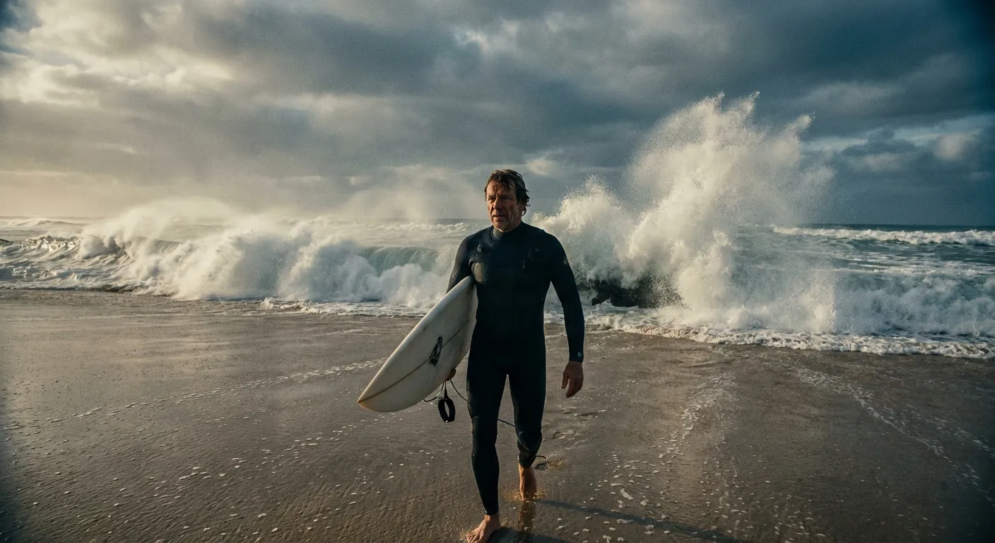 Un surfeur marchant le long de l'océan Atlantique à la plage de la Torchère.