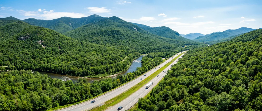 L'autoroute I-87 traversant les paysages naturels des montagnes Adirondacks.