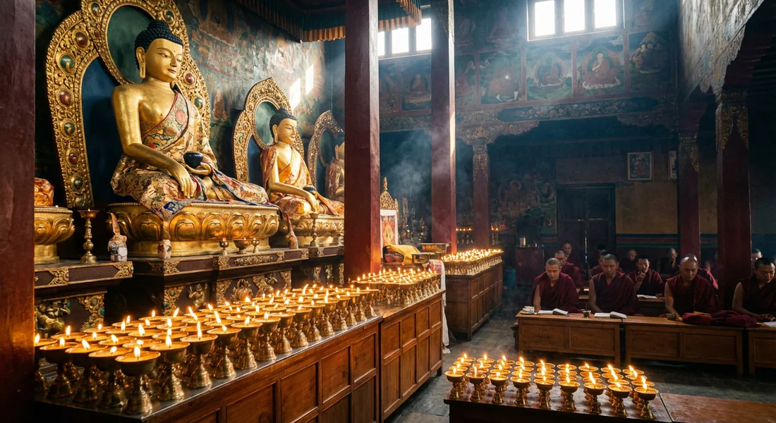 Intérieur d'un monastère bouddhiste népalais avec des lampes à beurre