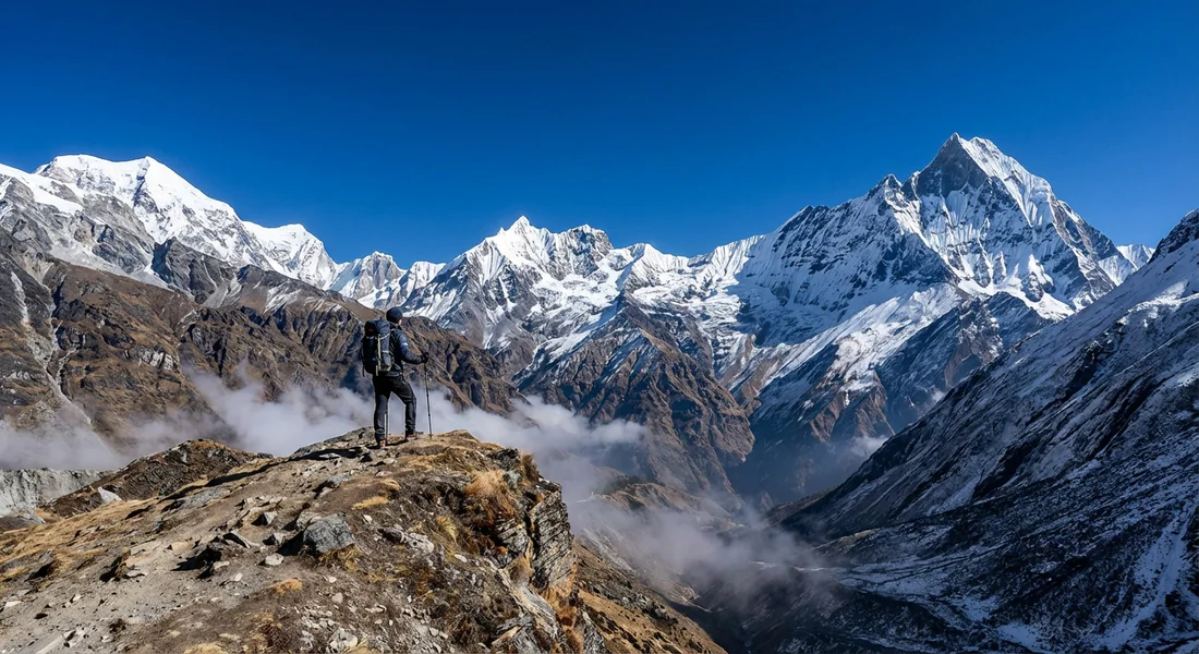 Randonneur face aux sommets enneigés des Annapurnas au Népal
