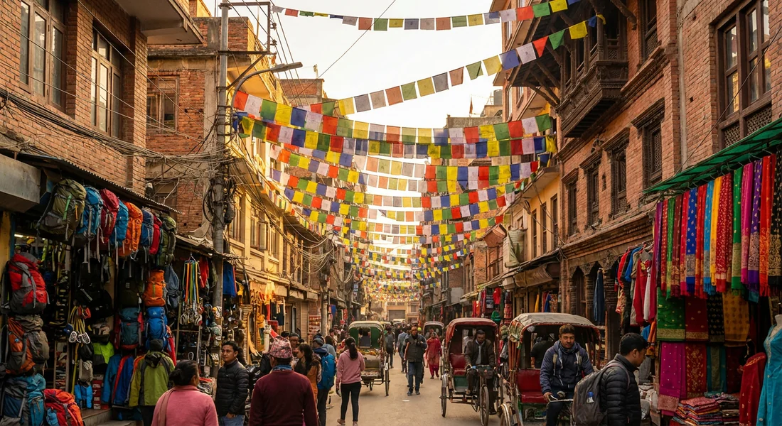 Ruelle animée du quartier de Thamel à Katmandou au coucher du soleil