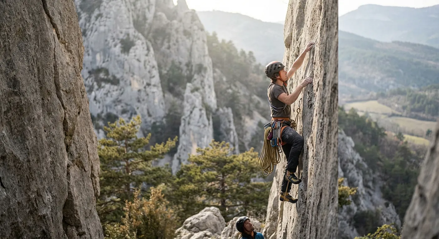 Grimpeur technique sur une voie de calcaire gris aux alentours de Sisteron.