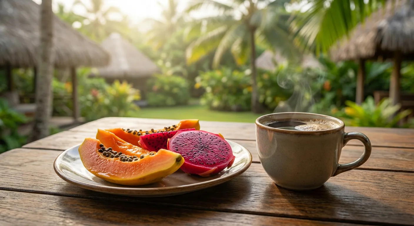 Petit-déjeuner tropical typique de la vie quotidienne d'un retraité en Polynésie Française.