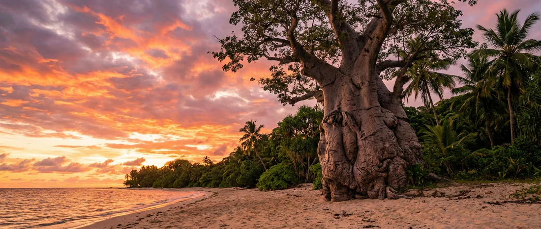 Baobab emblématique sur une plage de Mayotte au coucher du soleil.