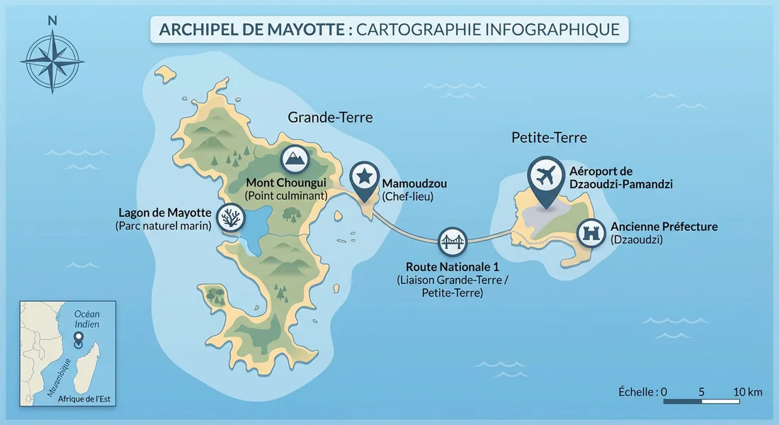 Carte géographique de l'archipel de Mayotte.