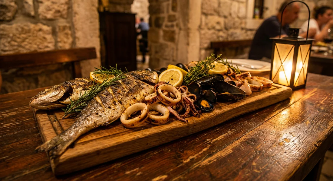 Assiette de spécialités de poissons grillés et fruits de mer de Dalmatie.