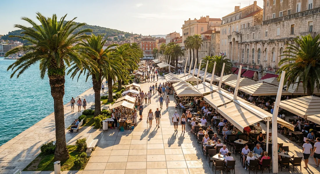 La promenade de la Riva avec ses palmiers et ses terrasses ensoleillées.