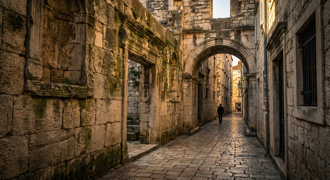 Ruelle étroite historique en pierre blanche dans la vieille ville de Split.