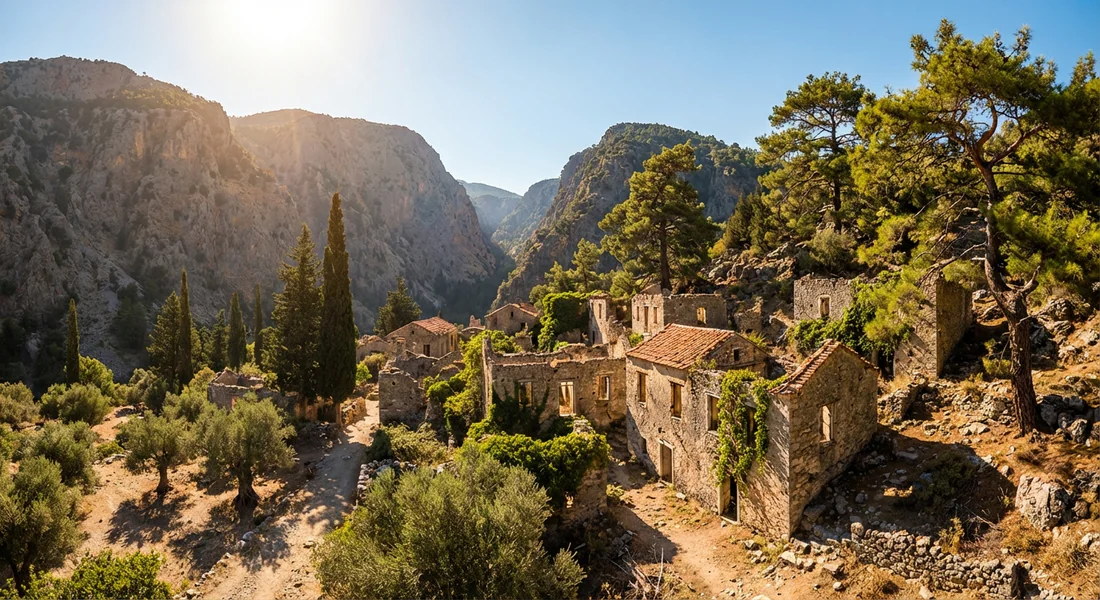 Ancien village de Samaria abandonné au cœur du parc national, entouré de falaises et de forêts.
