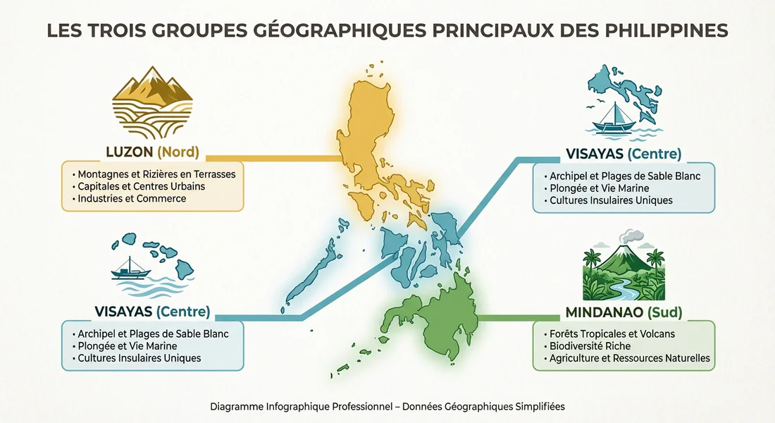 Schéma géographique des trois grandes régions : Luzon, Visayas et Mindanao.