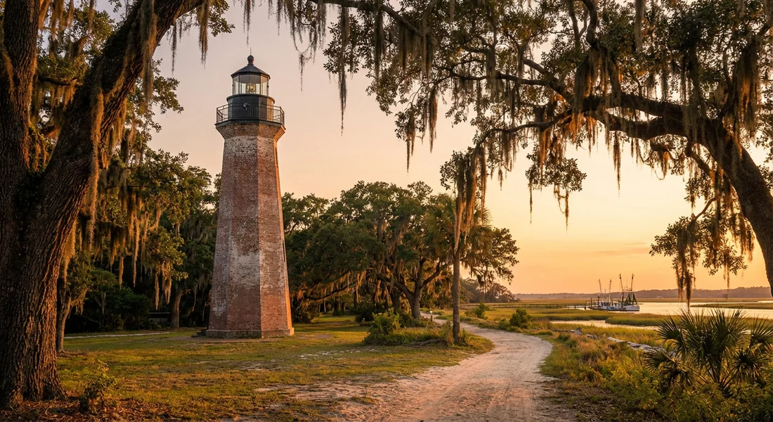 Le phare historique de St. Simons Island entouré de chênes verts.