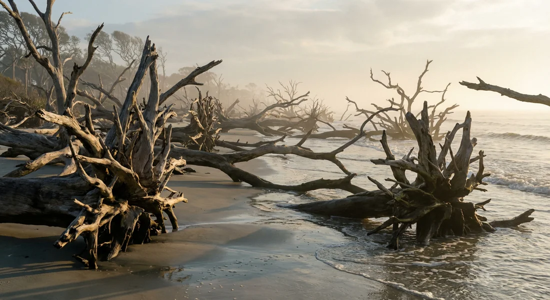 Paysage mystique des arbres pétrifiés sur Driftwood Beach.