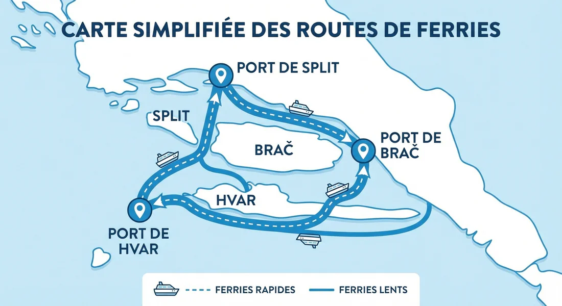 Infographie des liaisons en ferry entre Split et les îles de Dalmatie.