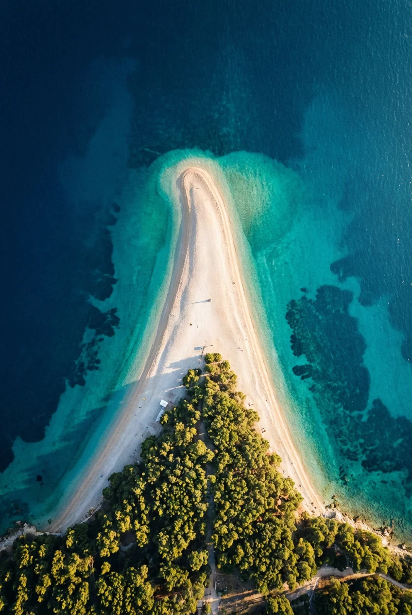 La célèbre plage de Zlatni Rat vue du ciel sur l'île de Brač.