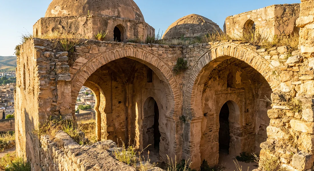 Murs en ruine et voûtes des tombeaux mérinides illustrant l'architecture du XIVe siècle