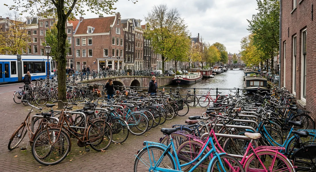 Des centaines de vélos garés le long d'un canal, illustrant le transport à Amsterdam