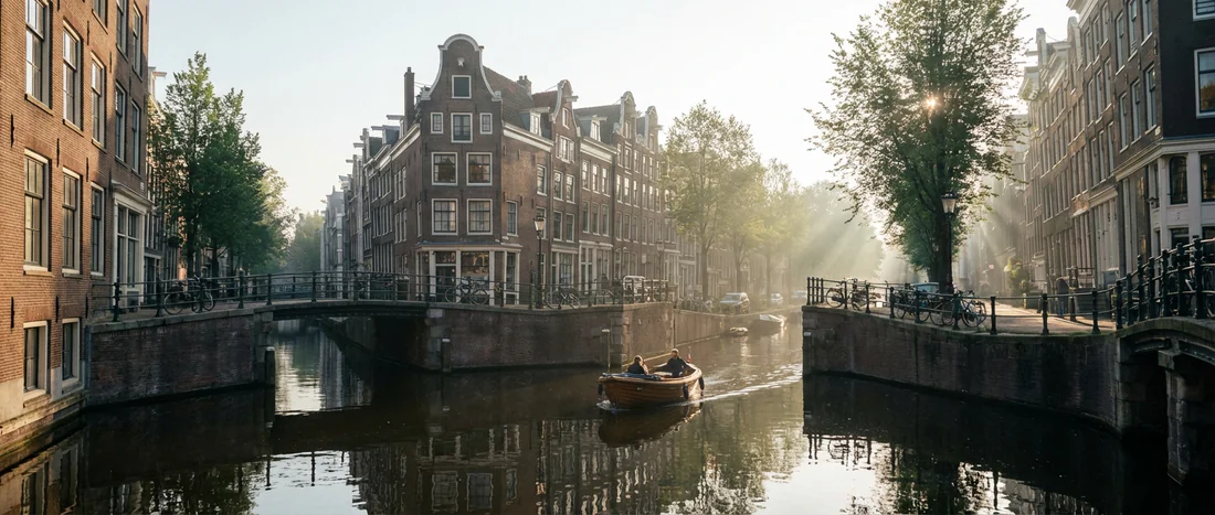Ruelle historique le long d'un canal calme à Amsterdam au petit matin