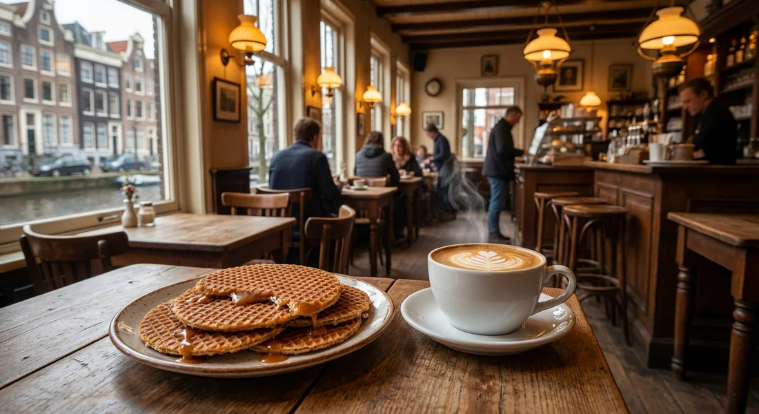 Spécialités culinaires hollandaises avec des stroopwafels dans un café d'Amsterdam
